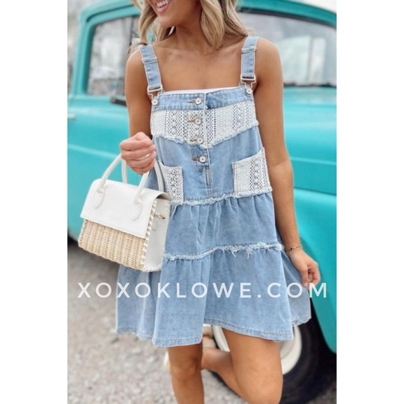 POL Dresses & Skirts - POL Denim + Crochet Patch Tiered Skirtall Mini Dress